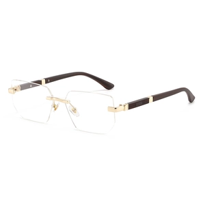 Fashionable rimless square sunglasses with gold metal bridge and dark wood grain temples