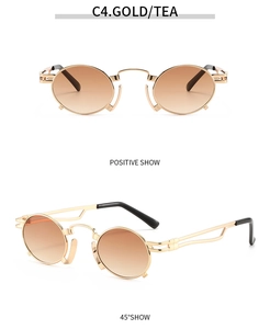 Detail view of steampunk vintage round sunglasses with gold frame and tea gradient lenses