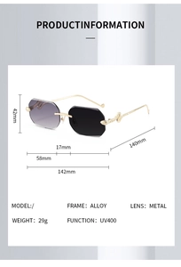 Detailed size chart for rimless octagonal sunglasses with snake-shaped metal temples