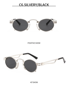 Detailed views of steampunk round sunglasses with silver metal frame and dark lenses