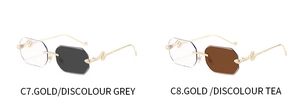 Detail of rimless geometric sunglasses featuring snake-shaped gold metal temples and tinted lenses