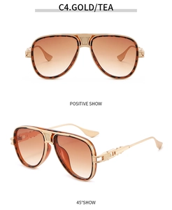 Vorder- und Seitenansicht goldener Pilotensonnenbrille mit Teegläsern und Metallrahmen