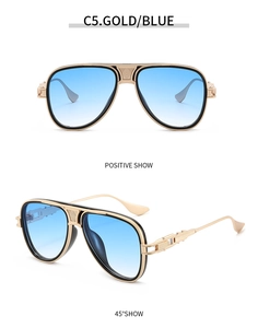 Detail der Gold-Metall-Pilotensonnenbrille mit blauem Verlaufsglas und Hohlraum-Design