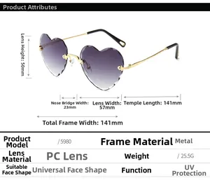 Detailed size chart for heart-shaped rimless sunglasses with gradient purple lenses