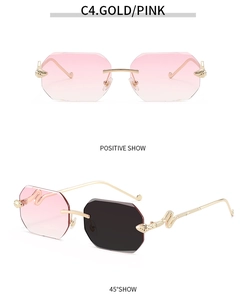 Detail of rimless octagonal sunglasses featuring gold snake-shaped metal temples and pink lenses