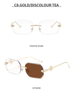 Detail of rimless octagonal sunglasses with gold snake-shaped temples and photochromic tea lenses