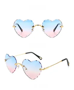 Detail showing rimless heart-shaped sunglasses with blue-pink gradient and cut-edge metal