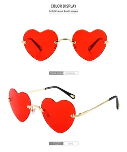 Front and 45-degree angle view of rimless heart sunglasses with red gradient lenses