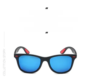 Close-up of polarized sports sunglasses with matte black frames and blue mirrored lenses