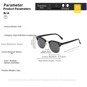 Detailed size guide and technical specifications for classic semi-rimless sunglasses