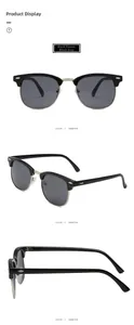 Three-angle views of retro semi-rimless sunglasses with black frame and grey lenses