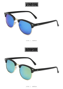 Detail of vintage semi-rimless sunglasses with blue and green mirrored lenses