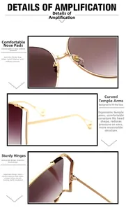 Détails des charnières en métal doré et branches perlées sur lunettes violettes