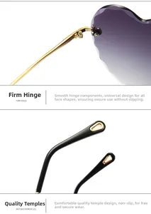 Detail of sturdy gold hinges and black antiskid temples on heart-shaped sunglasses