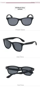 Three views of black polarized sports sunglasses with grey lenses and silver metal hinges