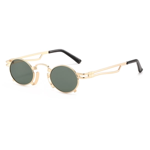 Retro steampunk round sunglasses with gold metal frame and dark green lenses for women