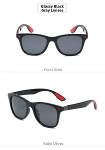 Front and side view of polished black wayfarer sunglasses with subtle red accents on frame