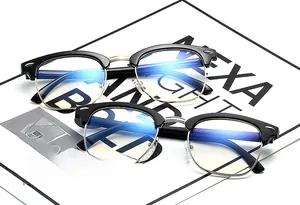 Detail of half-rim black and gold anti-blue light glasses showing blue reflection on lenses