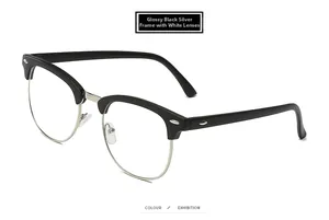 Detail of glossy black and silver semi-rimless frames with clear flat lenses