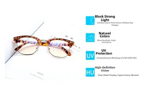 Detail of tortoiseshell half-frame retro glasses with UV protection and blue light blocking