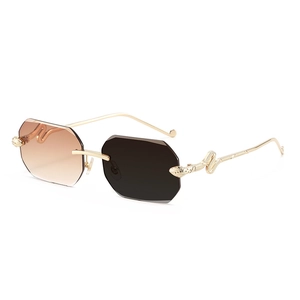 Frameless polygonal gradient sunglasses with unique gold snake-shaped metal temples