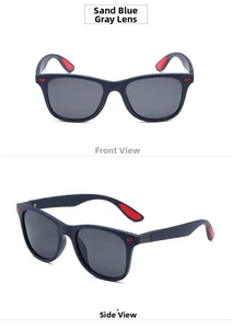 Front and side view of matte blue polarized sports sunglasses with red details