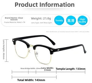 Detailed dimensions of retro half-frame anti-blue light glasses with metal and TR parts
