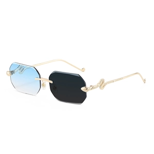 Frameless octagonal sunglasses with gold snake-shaped metal temples and gradient lenses