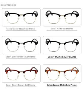 Detailed grid of retro semi-rimless eyeglass frames in black, tortoiseshell and gold colors