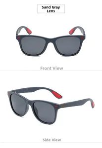Front and side views of matte grey polarized sports sunglasses with red details