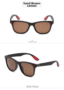 Macro detail of square matte black sunglasses featuring sand tea lenses and red accents