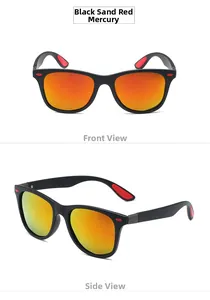 Detailed front and side views of matte black sports sunglasses with red mirror lenses