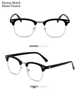 Close-up of retro semi-rimless glasses in shiny black and silver metal finish