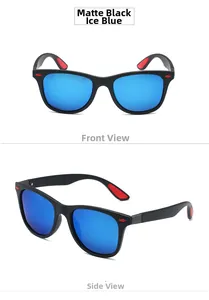 Front and side views of matte black sports sunglasses with blue reflective mirror lenses