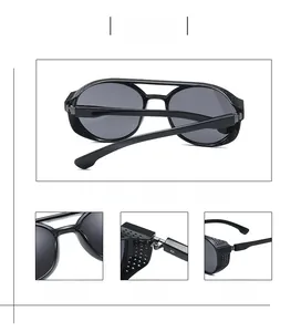 Detail view of steampunk round sunglasses with metal side shields and sturdy hinges