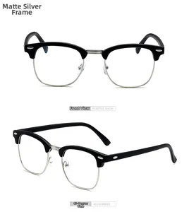 Front and 45-degree side view of matte black and silver half-rim retro glasses frame