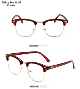 Front and 45-degree views of retro half-rim eyeglasses in tea resin and gold metal