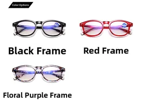 Three frames of bifocal reading glasses in black, transparent red, and tortoise patterns
