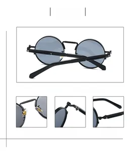 Detail view of steampunk metal sunglasses showing hinges, nose pads and spring temples