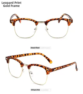 Front and 45-degree angle view of retro leopard print and gold metal semi-rimless frames