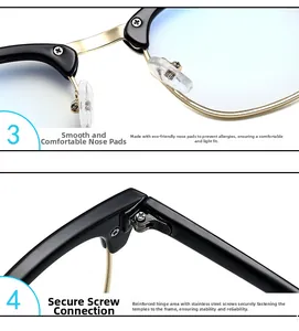 Macro detail of silicone nose pads and durable stainless steel hinges on semi-rimless frame
