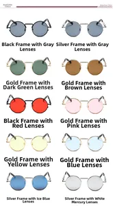 Selective color chart showing 10 retro steampunk sunglasses styles with various metal frames