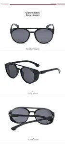 Detail view of steampunk round sunglasses with side shields and double bridge design