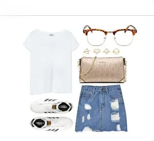 Flat lay of retro semi-rimless glasses paired with a daisy print T-shirt and denim skirt