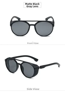 Macro detail of sand black steampunk sunglasses with side shields and gray lenses