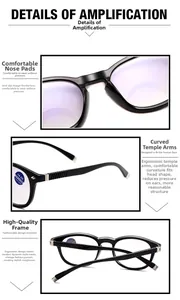 Detail view of ergonomic nose pads and curved temples on black bifocal reading glasses