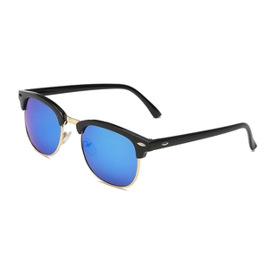 Classic semi-rimless Clubmaster sunglasses with black frame and blue mirrored lenses