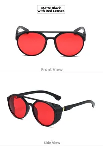 Retro steampunk sunglasses featuring matte black frames and red lenses with side shields
