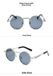 Detail view of silver metal frames and gray lenses on vintage steampunk sunglasses