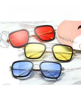 Top view of three colorful square polarized sunglasses with metallic double bridge frames